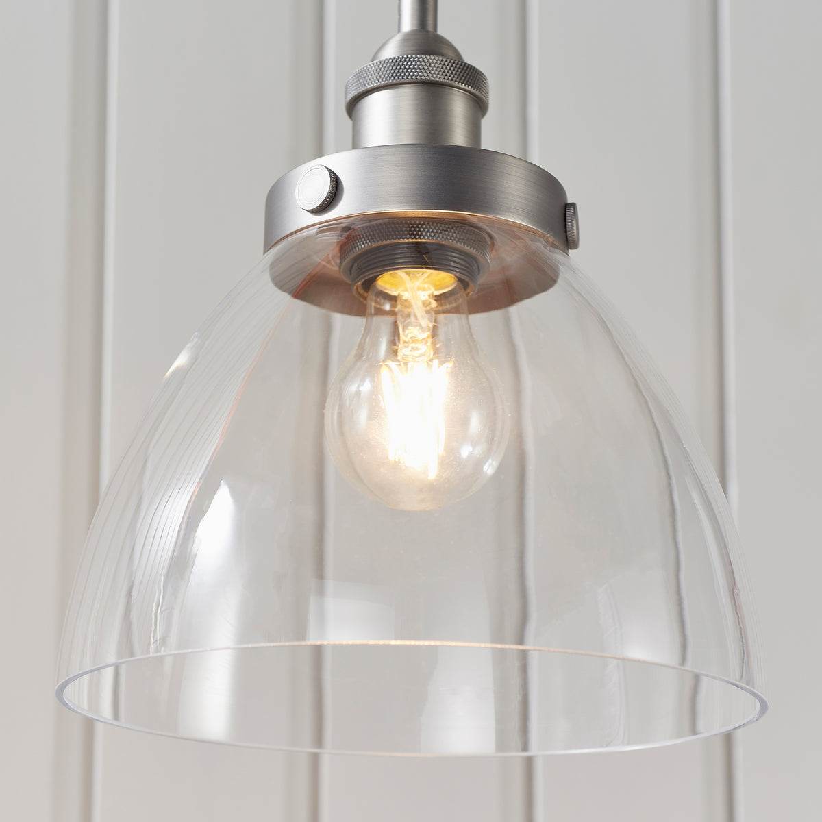 Gallery Direct Hansen 1 Pendant Light Brushed Silver, close-up of the finish and design