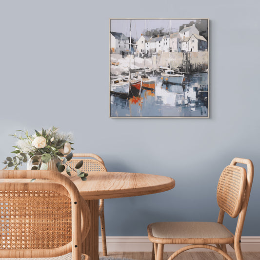 Gallery Direct Harbour Haven Framed Canvas displayed in a styled interior
