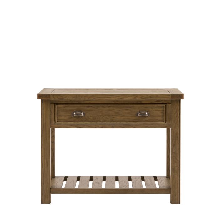 Gallery Direct Hardwick 1 Drawer Console Table features a lower slatted shelf, traditional metal handles and a warm natural wood grain finish 