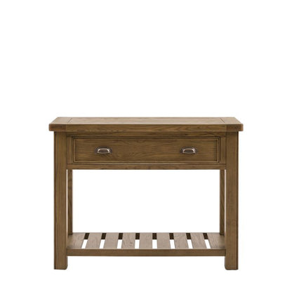 Gallery Direct Hardwick 1 Drawer Console Table features a lower slatted shelf, traditional metal handles and a warm natural wood grain finish 