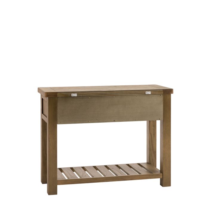 The Gallery Direct Hardwick 1 Drawer Console Table is crafted using solid oak wood and veneers with a natural grain pattern. 