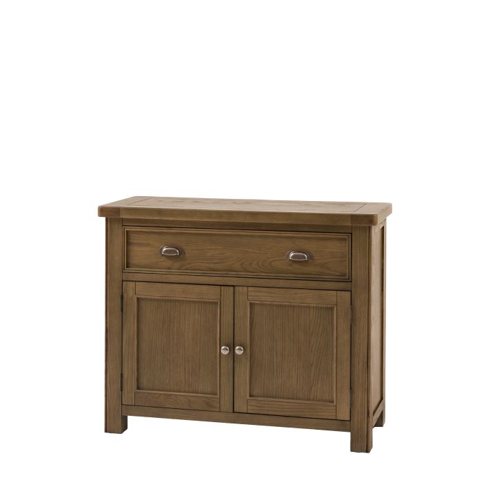 Gallery Direct Hardwick Sideboard crafted from solid oak wood and veneers, features 2 Cupboard Doors with internal shelving, and 1 full length top drawer with metal handles