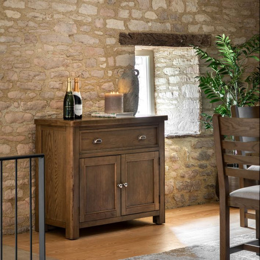 Gallery Direct Hardwick Sideboard features a 2 Door Cupboard and 1 Top Drawer complemented by traditional metal handles