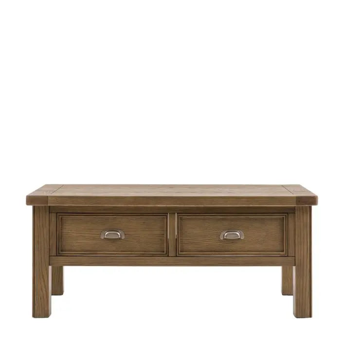 Gallery Direct Hardwick 2 Rectangular Drawer Coffee Table is constructed from solid oak and veneers with a warm wood natural finish