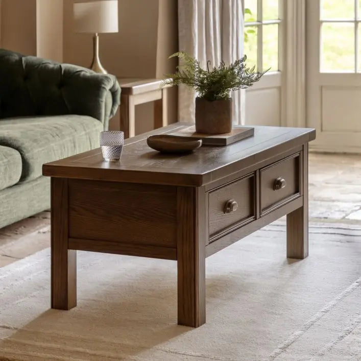 Gallery Direct Hardwick Rectangular Coffee Table features 2 Drawers with metal handles and an oak wood and veneer solid frame