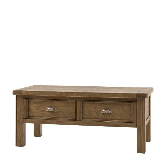 Gallery Direct Hardwick 2 Drawer Coffee Table with metal drawer handles, constructed from solid oak wood and veneers
