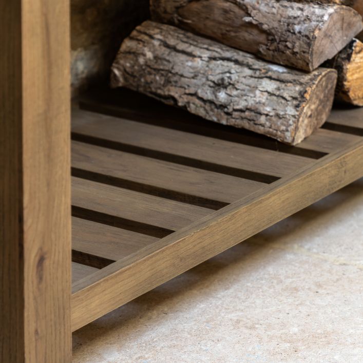 Gallery Direct Hardwick 2 Drawer Console Table features a slatted lower shelf constructed from solid oak and veneers