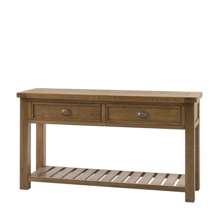 Gallery Direct Hardwick 2 Drawer Console Table constructed from solid oak and veneers with metal pull handles and a slatted lower shelf