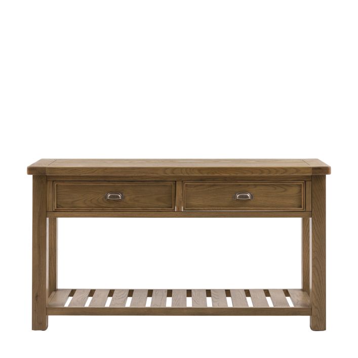 Gallery Direct Hardwick 2 Drawer Console Table with chic metal pull handles and a slatted lower shelf, within an oak wood and veneer frame