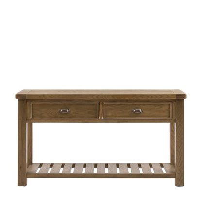 Gallery Direct Hardwick 2 Drawer Console Table with chic metal pull handles and a slatted lower shelf, within an oak wood and veneer frame