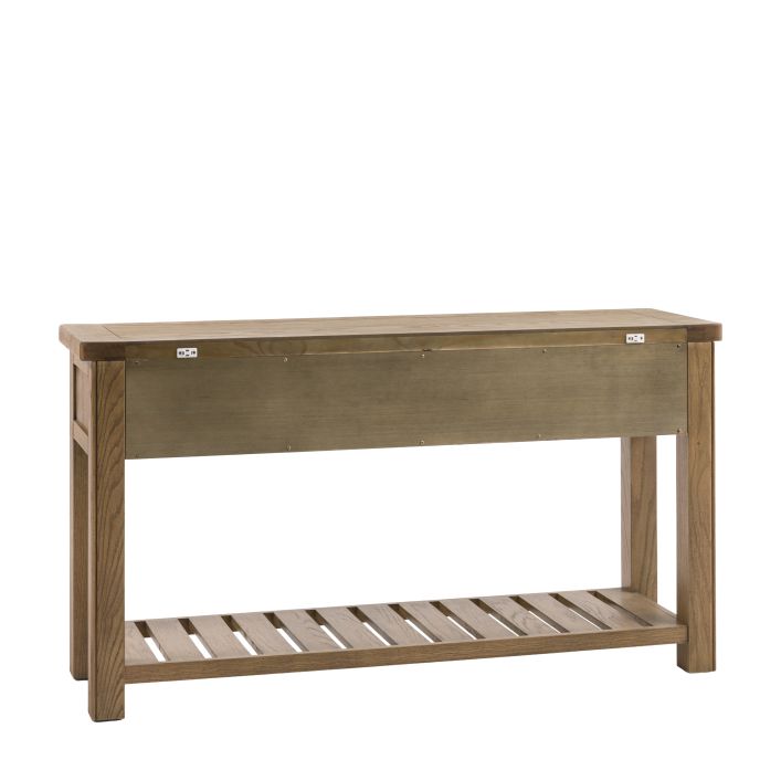 Gallery Direct Hardwick 2 Drawer Console Table s crafted from solid oak wood and veneers with a slatted lower shelf for additional storage or display