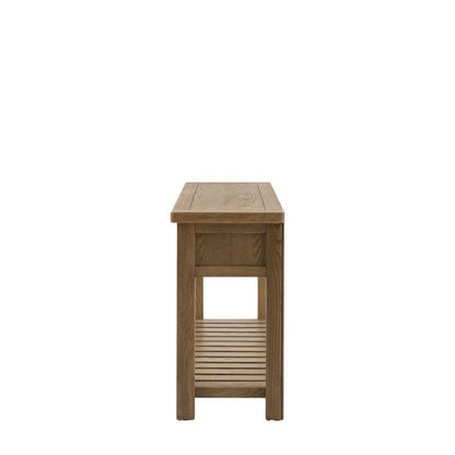 Gallery Direct Hardwick 2 Drawer Console Table with slatted lower shelf in a natural warm wood finish