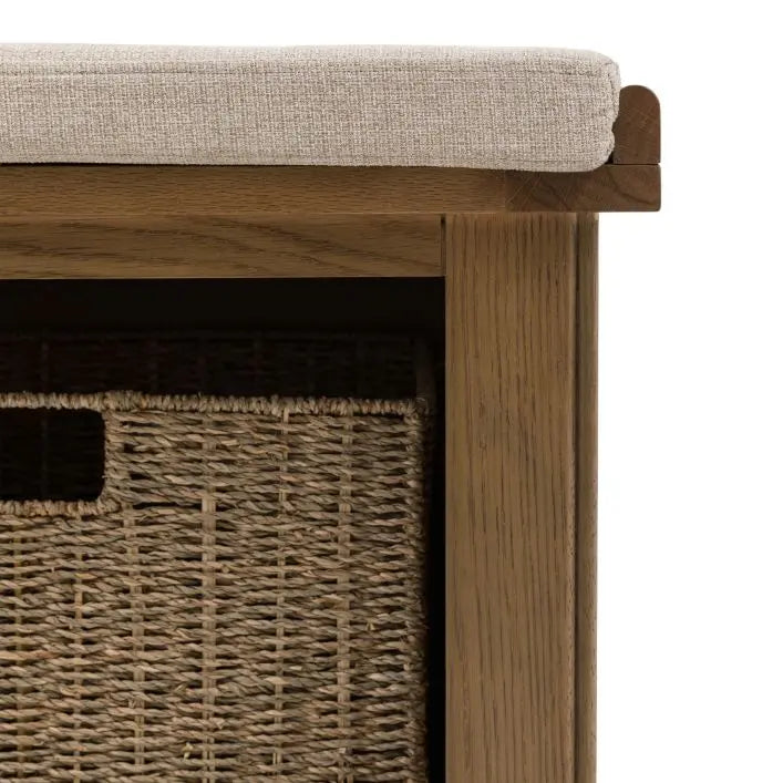 Gallery Direct Hardwick Hall Bench features a sturdy oak and veneer wood frame, 3 natural wicker baskets and a generously padded natural coloured seat bench 