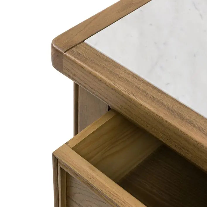 Gallery Direct Hardwick Kitchen Island features a marble worktop and warm wooden frame with drawers and shelves