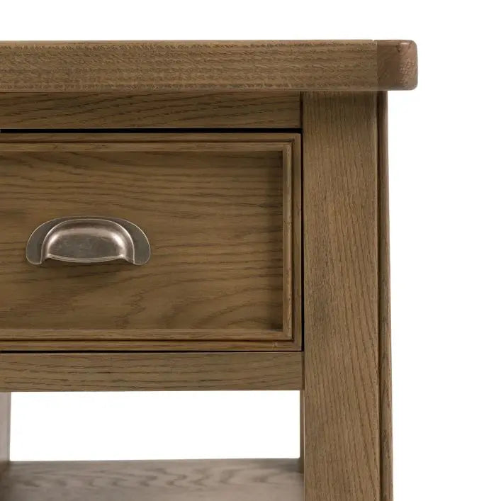 Gallery Direct Hardwick Kitchen Island features a solid oak and quality veneer wood frame and metal pull handles