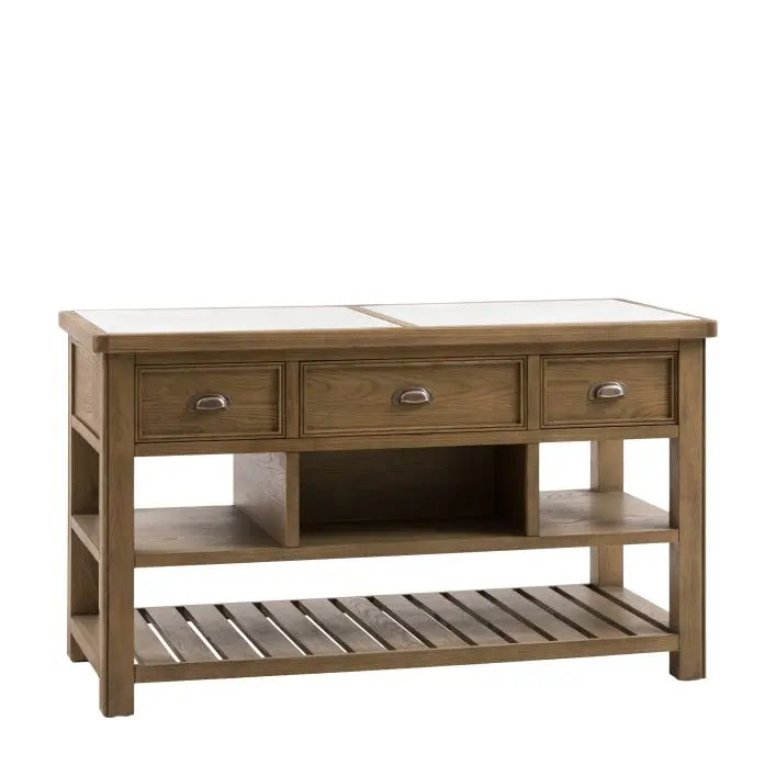 Gallery Direct Hardwick Kitchen Island crafted from oak solids and veneers with a marble worktop, 3 drawers and 4 shelves for plenty of storage space