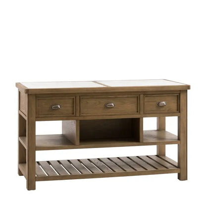 Gallery Direct Hardwick Kitchen Island crafted from oak solids and veneers with a marble worktop, 3 drawers and 4 shelves for plenty of storage space