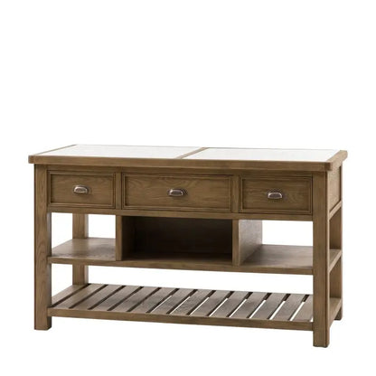 Gallery Direct Hardwick Kitchen Island crafted from solid oak and veneers in a warm natural finish with chic metal handles to the 3 top drawers