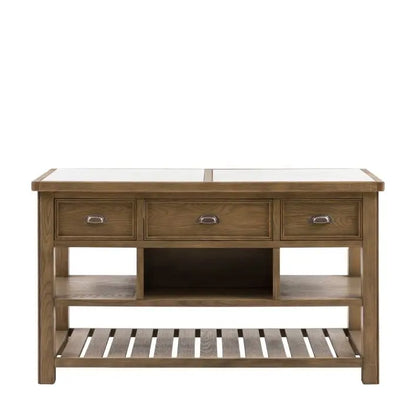 Gallery Direct Hardwick Kitchen Island features 3 drawers and various shelf spaces, with a stunning marble worktop