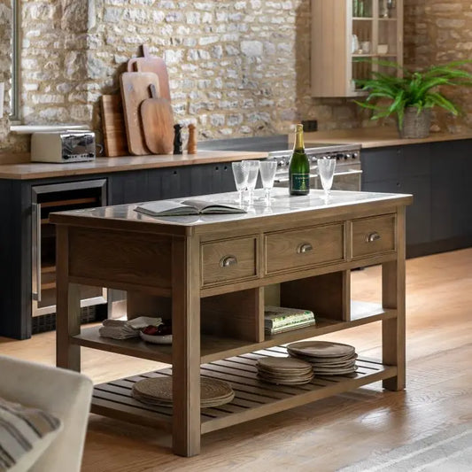 Gallery Direct Hardwick Kitchen Island features a stunning marble worktop, 3 dual access drawers with pull handles, and multiple shelf space