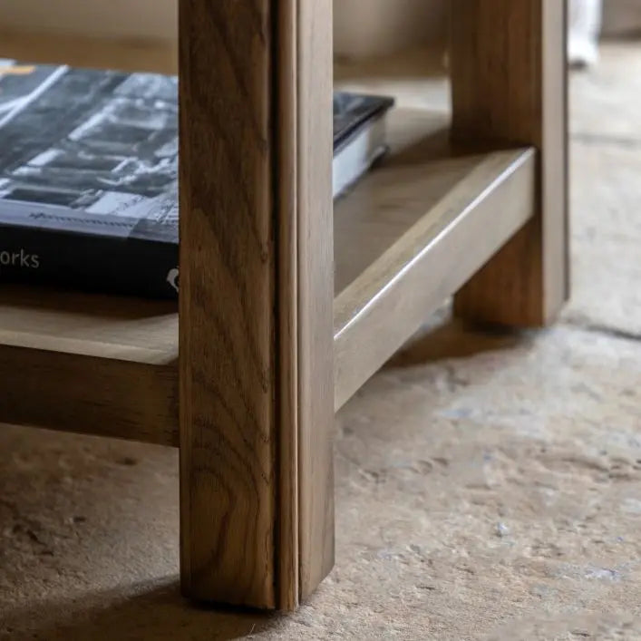 Gallery Direct Hardwick Side Table made using oak woods and veneers with square table top and lower storage shelf