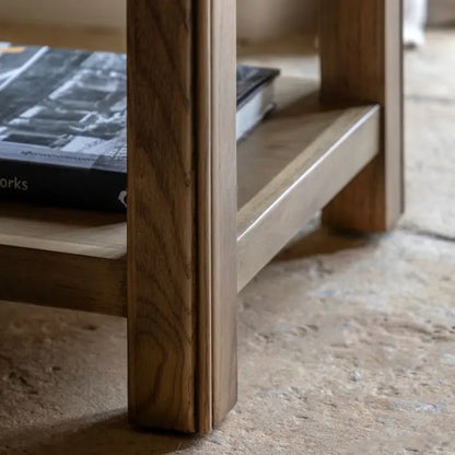 Gallery Direct Hardwick Side Table made using oak woods and veneers with square table top and lower storage shelf