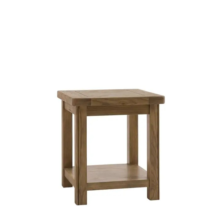 Gallery Direct Hardwick Side Table crafted from oak woods and veneers with square table top and a lower shelf