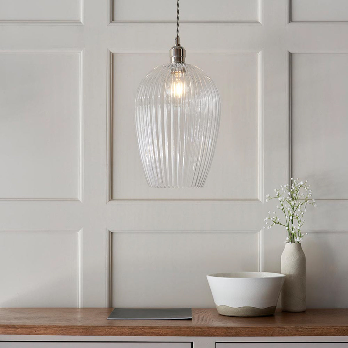 Gallery Direct Hartwell 1 Ribbed Large Pend Light Bright Nickel, styled in a room setting