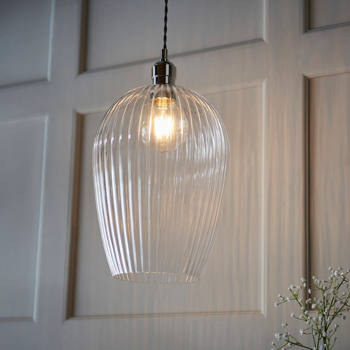 Gallery Direct Hartwell 1 Ribbed Large Pend Light Bright Nickel, styled in a room setting