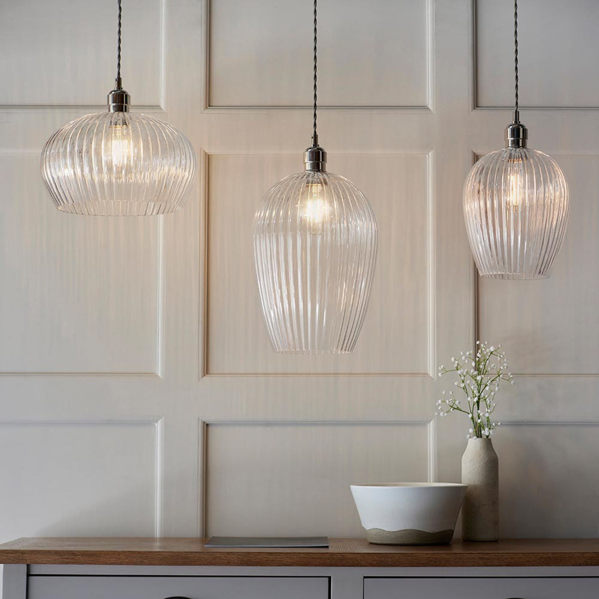 Gallery Direct Hartwell 1 Ribbed Large Pend Light Bright Nickel, styled in a room setting