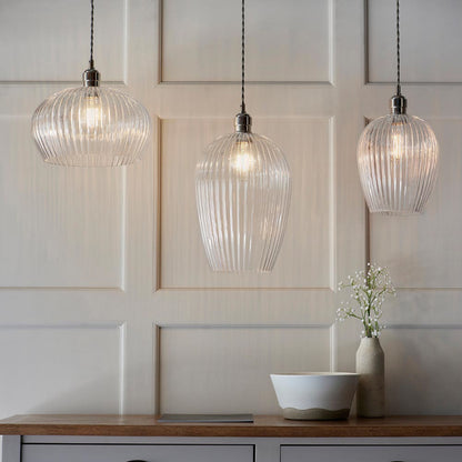 Gallery Direct Hartwell 1 Ribbed Large Pend Light Bright Nickel, styled in a room setting