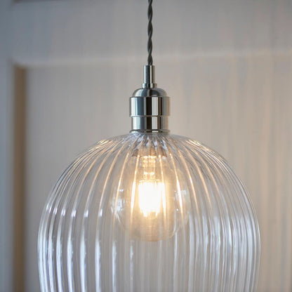 Gallery Direct Hartwell 1 Ribbed Large Pend Light Bright Nickel, close-up of the finish and design