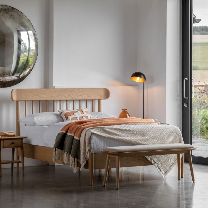 Gallery Direct Hatfield 4ft 6 Double Spindle Bed frame in natural solid oak, with a spindle headboard and wooden slats
