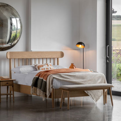Gallery Direct Hatfield 4ft 6 Double Spindle Bed frame in natural solid oak, with a spindle headboard and wooden slats