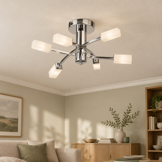 Gallery Direct Havana 6 Ceiling Lamp Chrome installed in a softly lit room
