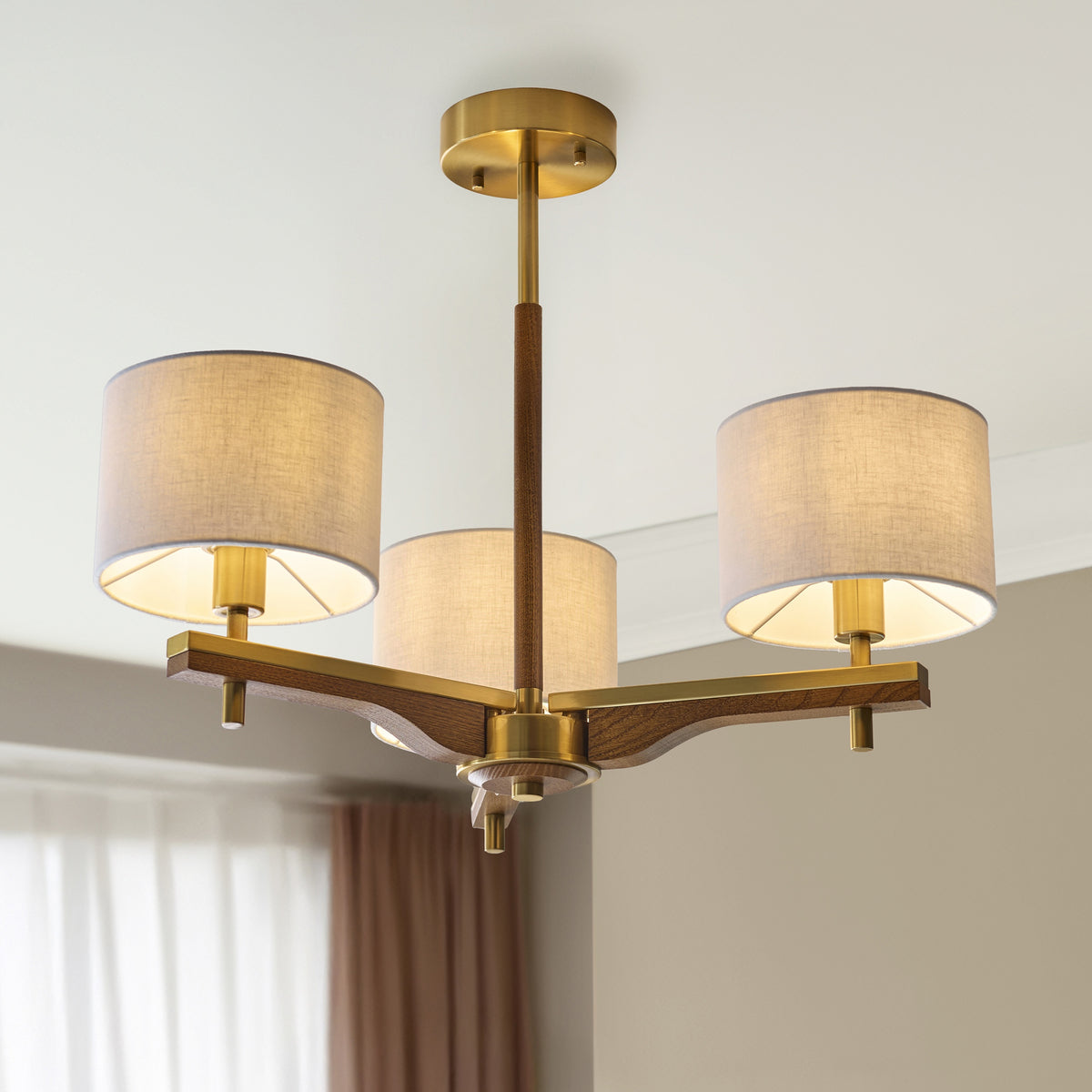 Gallery Direct Heathcliff 3 Ceiling Light Brushed Aged Brass, styled in a room setting