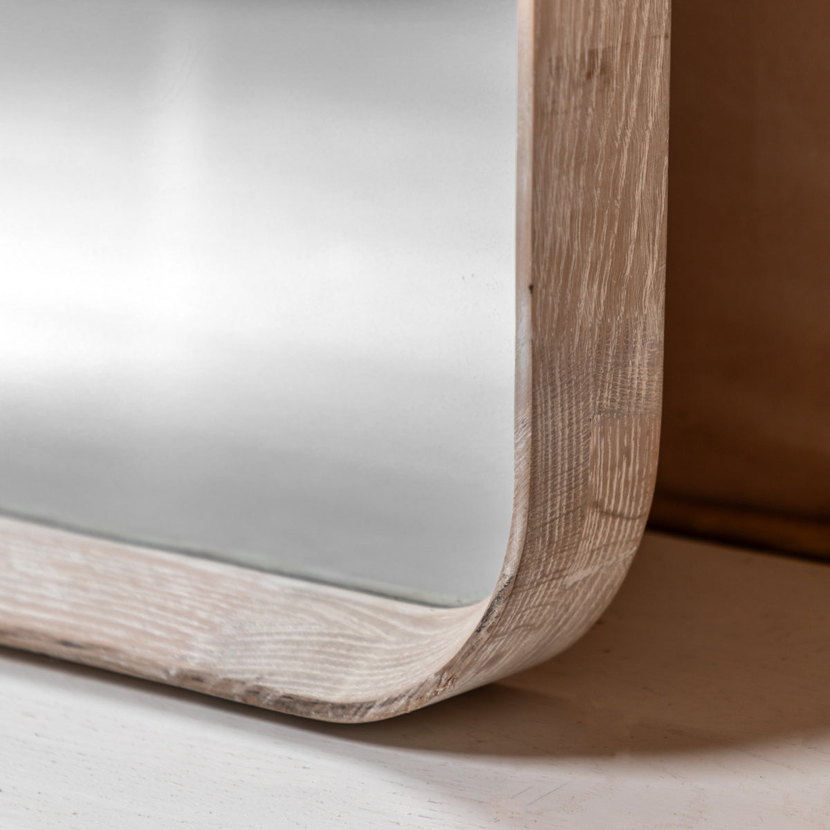 Gallery Direct Helsinki Arch Leaner Mirror Limed Oak, close-up of the mirror and frame details
