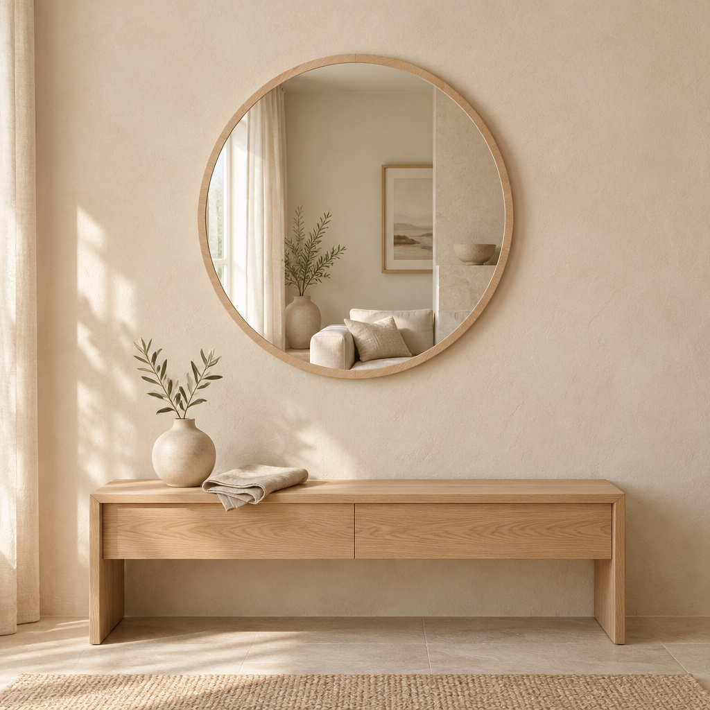 Gallery Direct Helsinki Round Mirror Oak above an oak console in a neutral interior