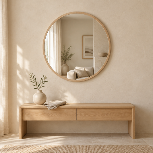 Gallery Direct Helsinki Round Mirror Oak above an oak console in a neutral interior