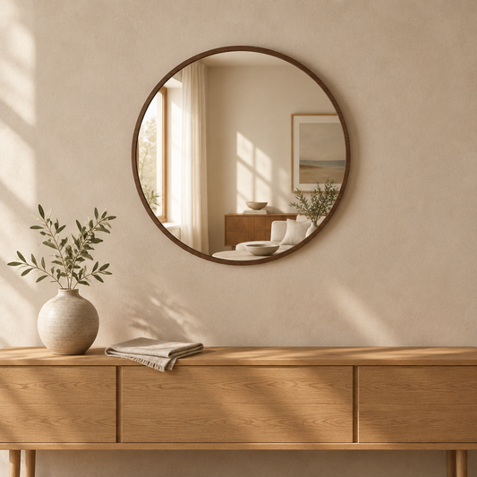 Gallery Direct Helsinki Round Mirror Walnut above an oak console in a neutral interior