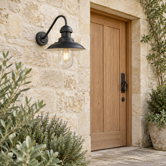 Gallery Direct Hereford Outdoor 1 Wall Light Black installed on an exterior entrance wall
