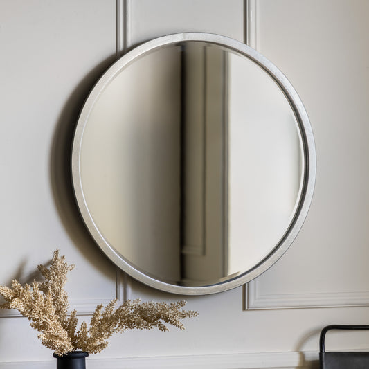 Gallery Direct Higgins Round Mirror Antique Silver displayed in a styled interior