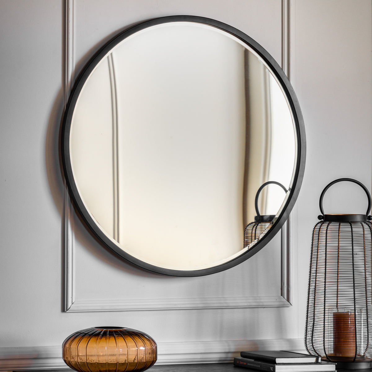 Gallery Direct Higgins Round Mirror Black displayed in a styled interior