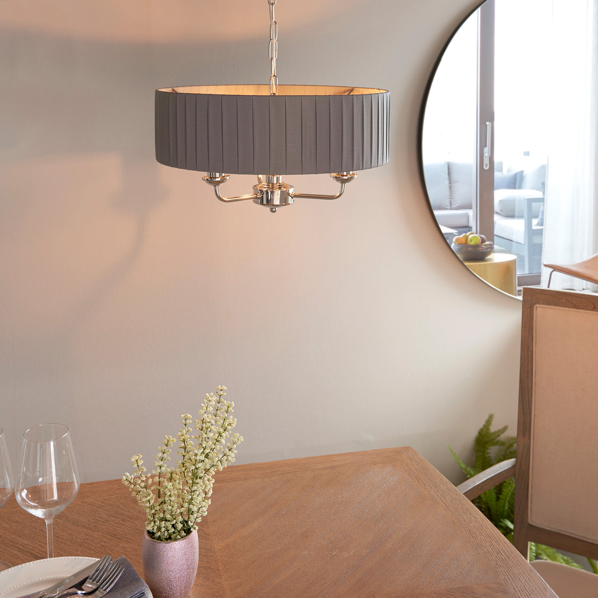 Gallery Direct Highclere 3 Pendant Lght Nckel & Chrcoal, styled in a room setting
