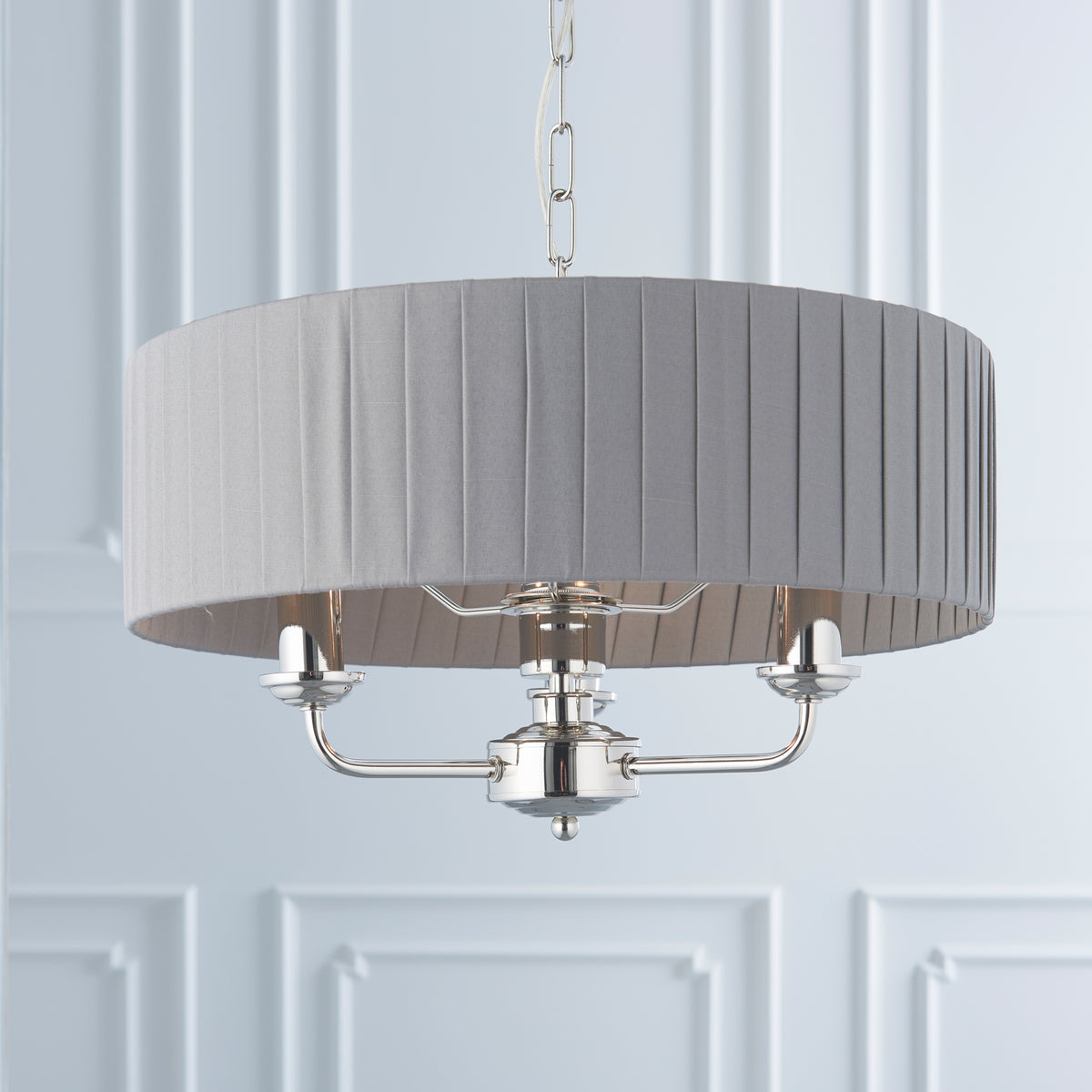 Gallery Direct Highclere 3 Pendant Lght Nckel & Chrcoal, close-up of the finish and design