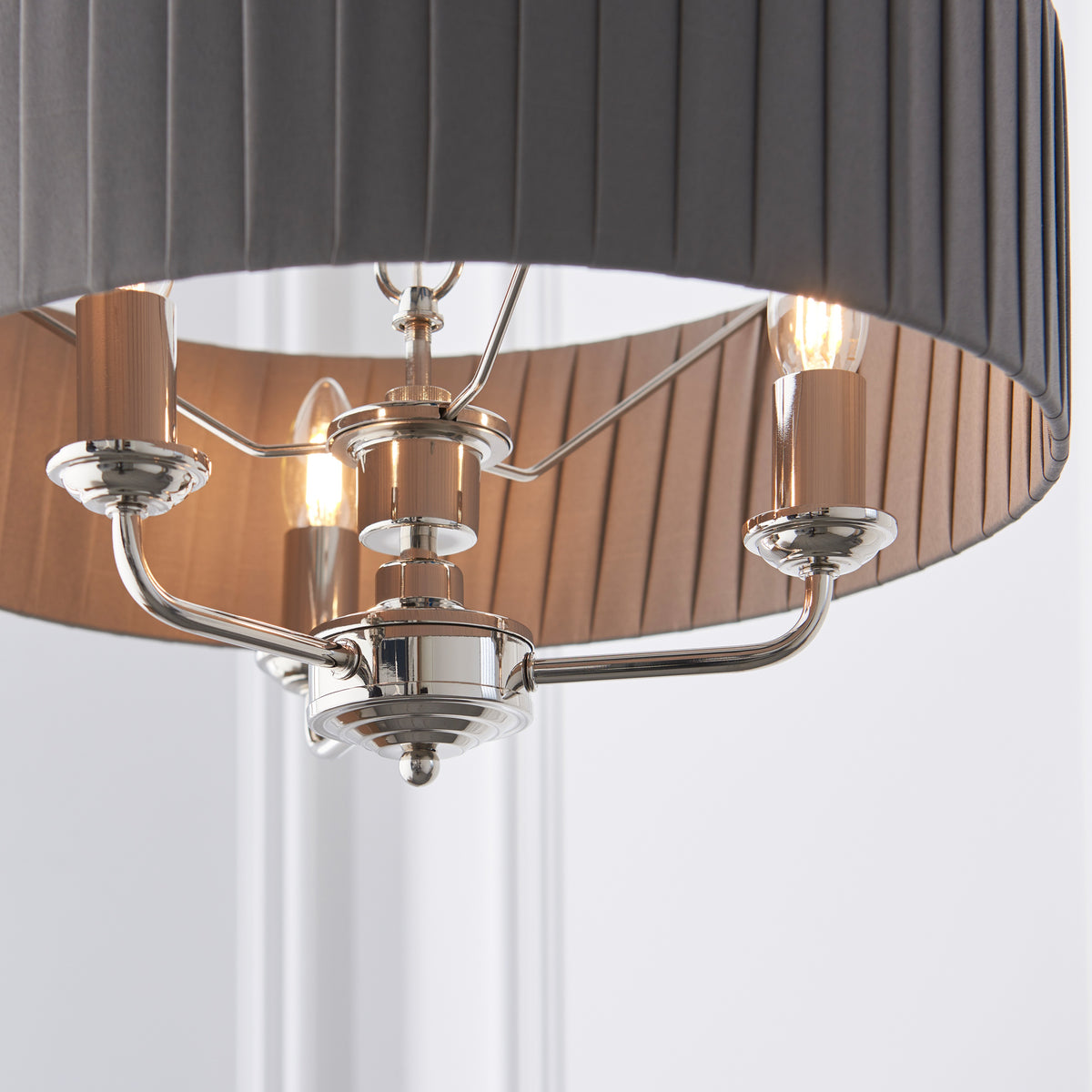 Gallery Direct Highclere 3 Pendant Lght Nckel & Chrcoal, close-up of the finish and design