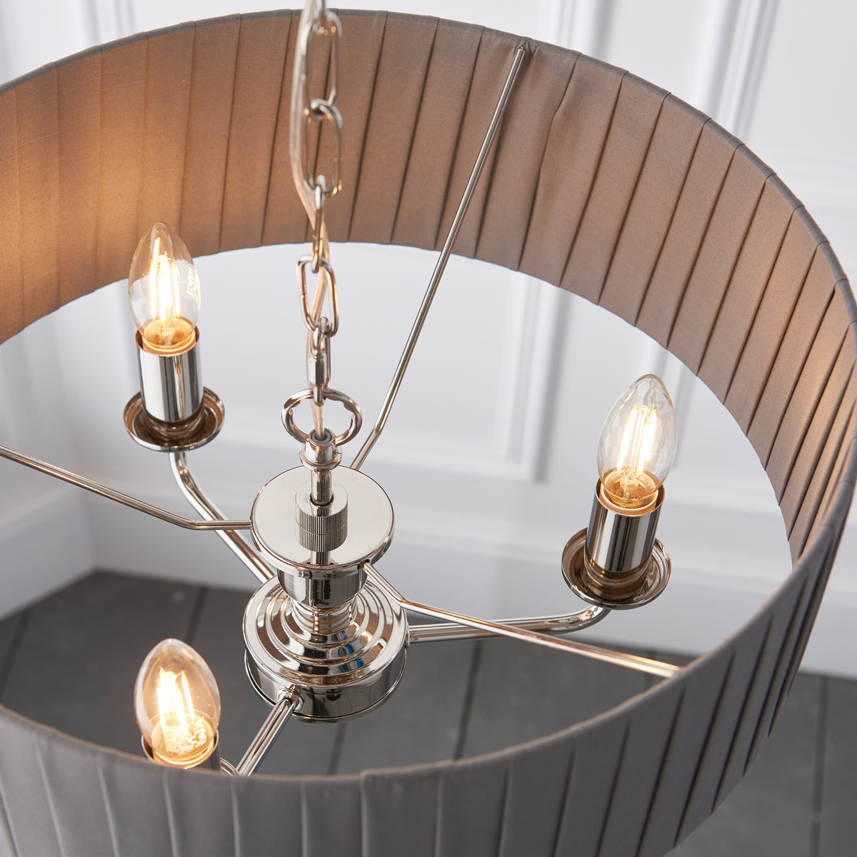 Gallery Direct Highclere 3 Pendant Lght Nckel & Chrcoal, close-up of the finish and design