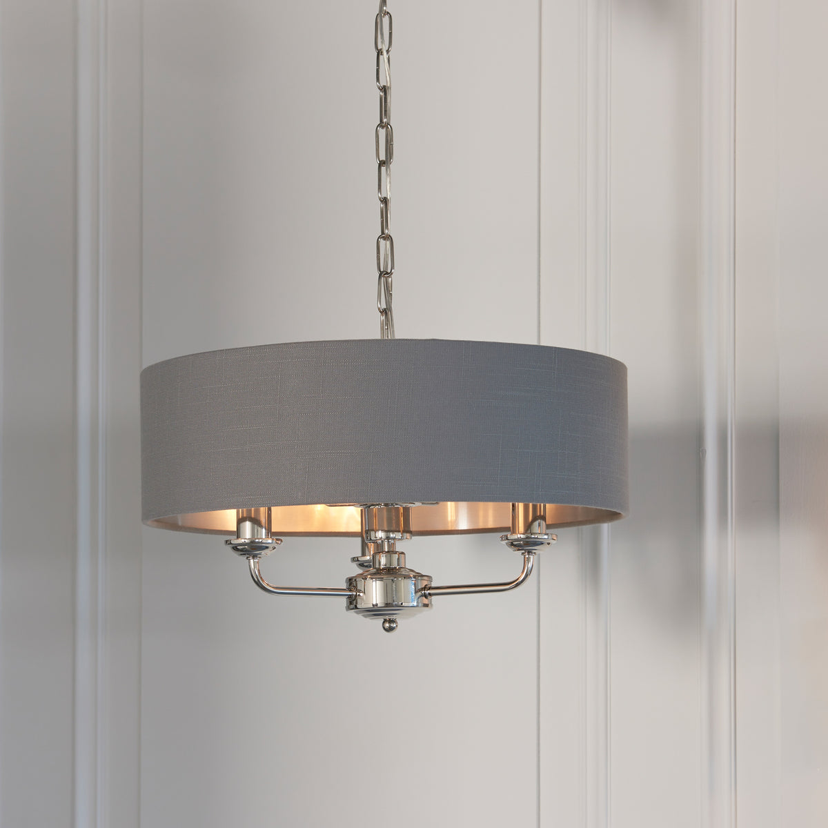 Gallery Direct Highclere 3 Pendant Lght Nickel&Chrcoal, styled in a room setting