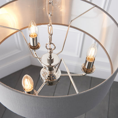 Gallery Direct Highclere 3 Pendant Lght Nickel&Chrcoal, close-up of the finish and design