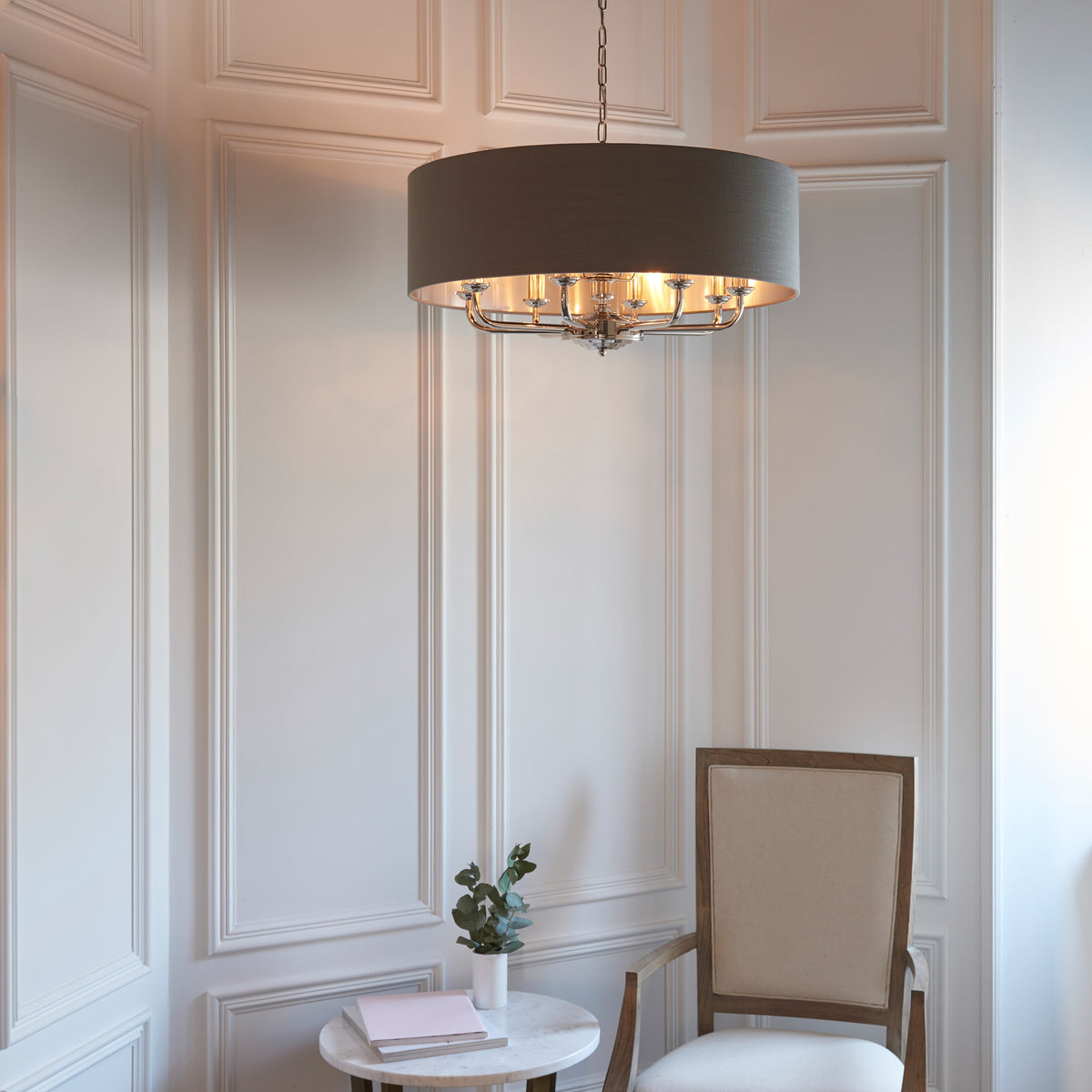 Gallery Direct Highclere 6 Pendant Lght Nckl & Chrcoal, styled in a room setting